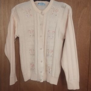 Vintage Women's Light Peach Cardigan with Floral Embroidery Details Size 40